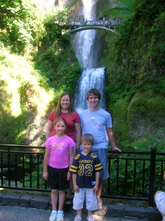 Anna, Alex, Nicole, and Josh by a waterfall